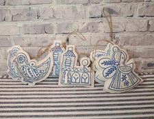 Creative Co-Op Embroidered Icon Christmas Ornaments ~ Set of 6 ~ Blue ~ NEW