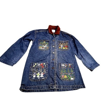 Vintage  Casey Coleman Blue Jean Denim Chore Jacket Embroidered M/L Four Seasons