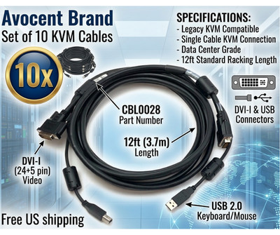 10-Pack Avocent CBL0028 12ft DVI-I USB For Legacy KVM & Server Racks