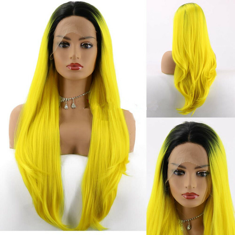 Long Ombre Yellow Lace Front Wigs Dark Roots Straight  display picture 1