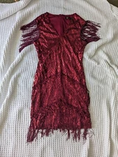 Babeyond Sequin Flapper Dress With Fringe Detail - Wine Color