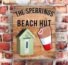 Image of Personalised Beach Hut Sign Pre Drilled Ready To Hang High Gloss Wall Plaque