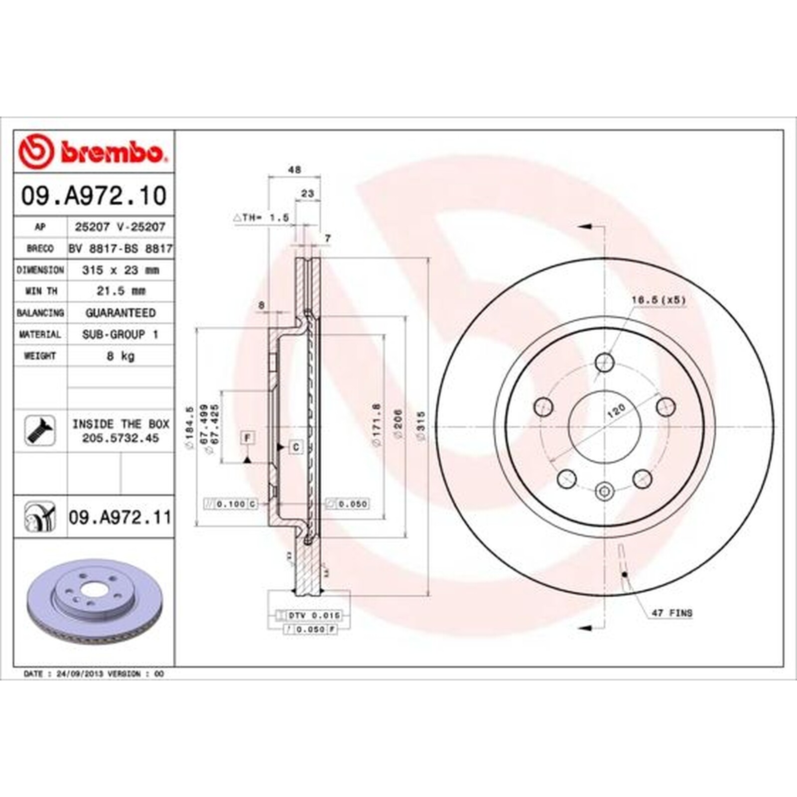 BREMBO Pair UV Coated Brake Discs 09.A972.11
