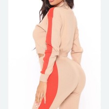Fashion Nova ~ ‘Tag Team” Jogger Sweater Set Size XL, Tan /Orange, Top Crop
