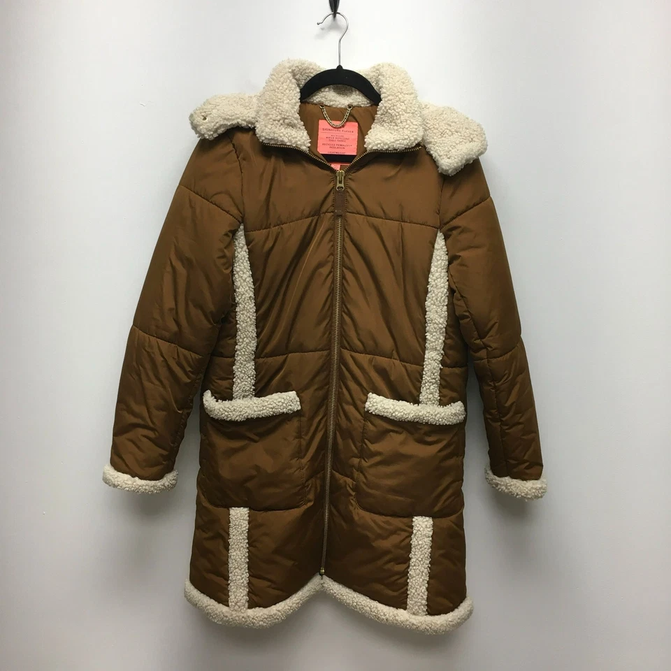 Jaqueta acolchoada J Crew feminina marrom PrimaLoft dia de neve com capuz zíper completo assinatura em perfeito estado