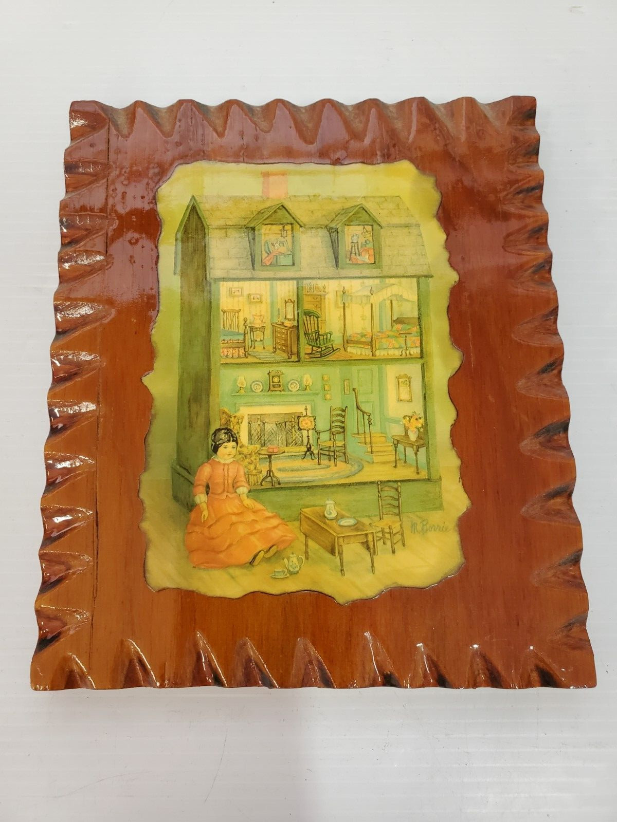 Vintage Mini Framed Wall of DOLL HOUSE (Carved wood glazed wall hanging)