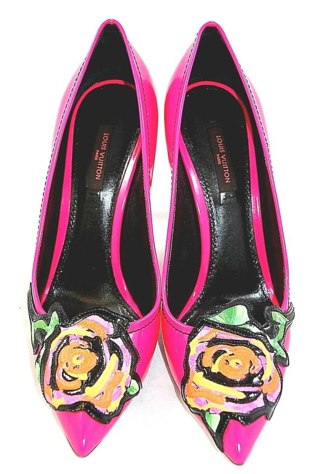 Louis Vuitton Sz 38.5 Stephen Sprouse Roses Patent Hot Pink Pumps Heels Shoes - Image 3 of 4