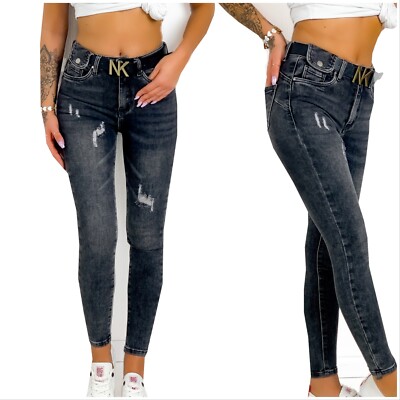 Damen Jeans PUSH UP mit Abschürfungen,Hose mit Abschürfungen, Schwarz, Gr XS