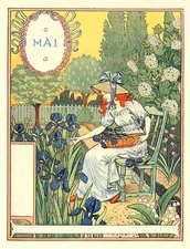 Postcard: Nouveau Print Repro - E. Grasset - May - Woman Picking Flowers, Iris
