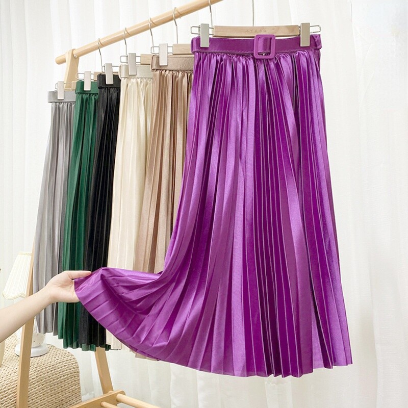 Women Metallic Silky Satin Pleated Skirt Midi A-line Dress Big