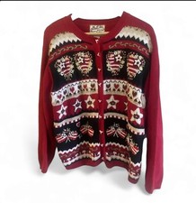 Heirloom Collectibles Button Up Sweater Embellished Hearts RED Vintage. Medium