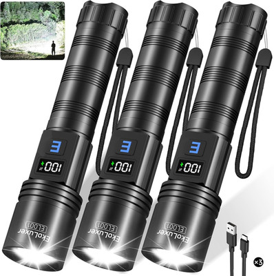 3Pack Rechargeable Flashlights High Lumens, Super Bright Flashlight with LCD Dig