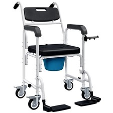 Rolling Shower Wheelchair for Seniors, Bedside Commode Chair with Locking Wheels