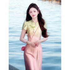 New Traditional Ladies Chinese Pastel Peach Lime Gradient Tulip Qipao Cheongsam
