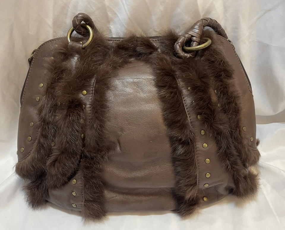 Vtg NEW, 80/90's Brown CAPACCIOLI Italian LEATHER Rabbit Fur, Brass Studs Hobo - Image 4 of 4