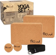 Natural Cork Yoga Blocks 2 Pack with Strap & Massage Balls - Premium Yoga