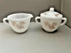 Vintage Federal Milk Glass Golden Glory Bamboo Lidded Sugar Bowl And Creamer Set
