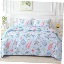 Coastal Quilt Set Size, 3 Pieces Coastal Bedspread Coverlet King Light Blue