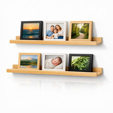 Pine Wood Picture Ledge Set of 2 Floating Wall Shelf Frame Display Rack Natural