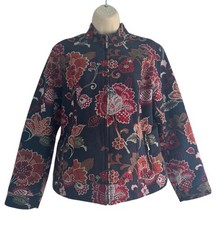 Chico's Women's Size 1 Small Black Full Zip Red Orange Floral Print Jacket