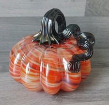 Pumpkin Hand Blown Glass Sculpted Orange Swirl Design 6 X 5 Inches Halloween