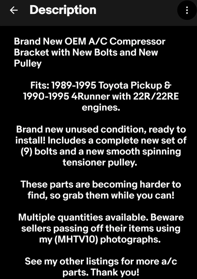 NUEVO 89-95 Toyota Pickup 4Runner 22R 22RE Soporte de compresor de aire acondicionado con pernos y polea Foto 2 de 4