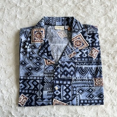 Vintage Loop Collar Hawaiian Shirt Mens XL Blue Tiki Geometric Goltex Aztec READ
