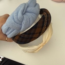 Set of 3 Fashion Headbands Blue Fleece Brown Plaid Pearl Satin Knotted Padded