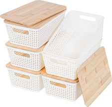 Small Storage Bins with Lids 6 Packs, Plastic Storage Basket with Bamboo Lid for