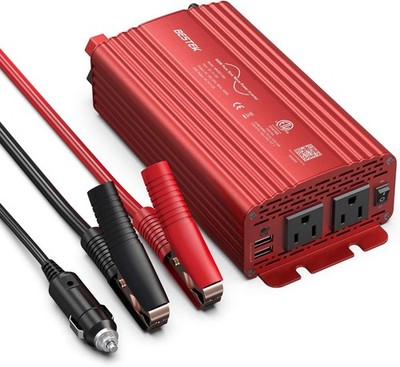 BESTEK 500W Pure Sine Wave Power Inverter DC 12V to AC(2 Outlets) 500W, 1 Red 