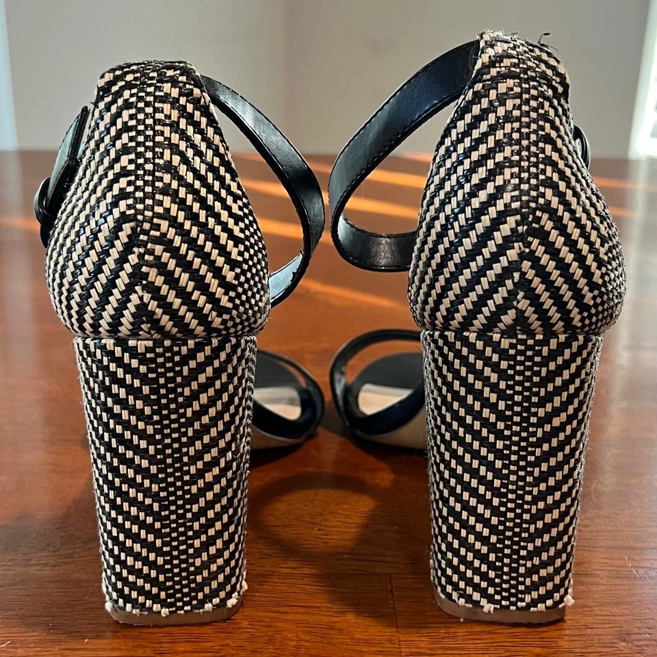 Sandalias para mujer Nine West negras blancas tejidas de tacón bloque con correa en el tobillo talla 8 1/2 M Foto 2 de 4