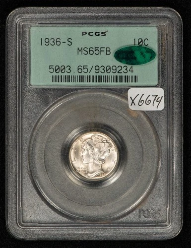1936-S 10c Silver Mercury Dime - Full Bands - OGH CAC & PCGS MS 65 FB - X6674