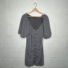 ASOS DESIGN Curve Mini Dress Size 14 Black White Gingham Puff Sleeve Check