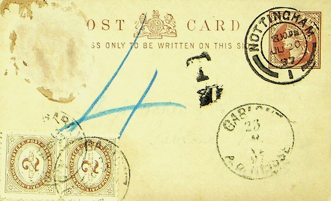 GB 1897 ½d QV POSTAL CARD TAXED W/ 2x2kr AUSTRIAN POSTAGE DUE TO