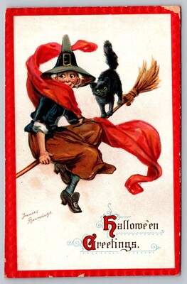 Postcard Halloween Witch Flying Broom Black Cat Frances Brundage | eBay