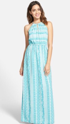 Soprano Aqua Blue & white Halter Maxi Dress Medium | eBay