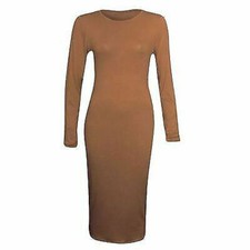 Women's Plain Midi Jersey Bodycon Ladies Stretch Long Sleeve Dress UK 8-26