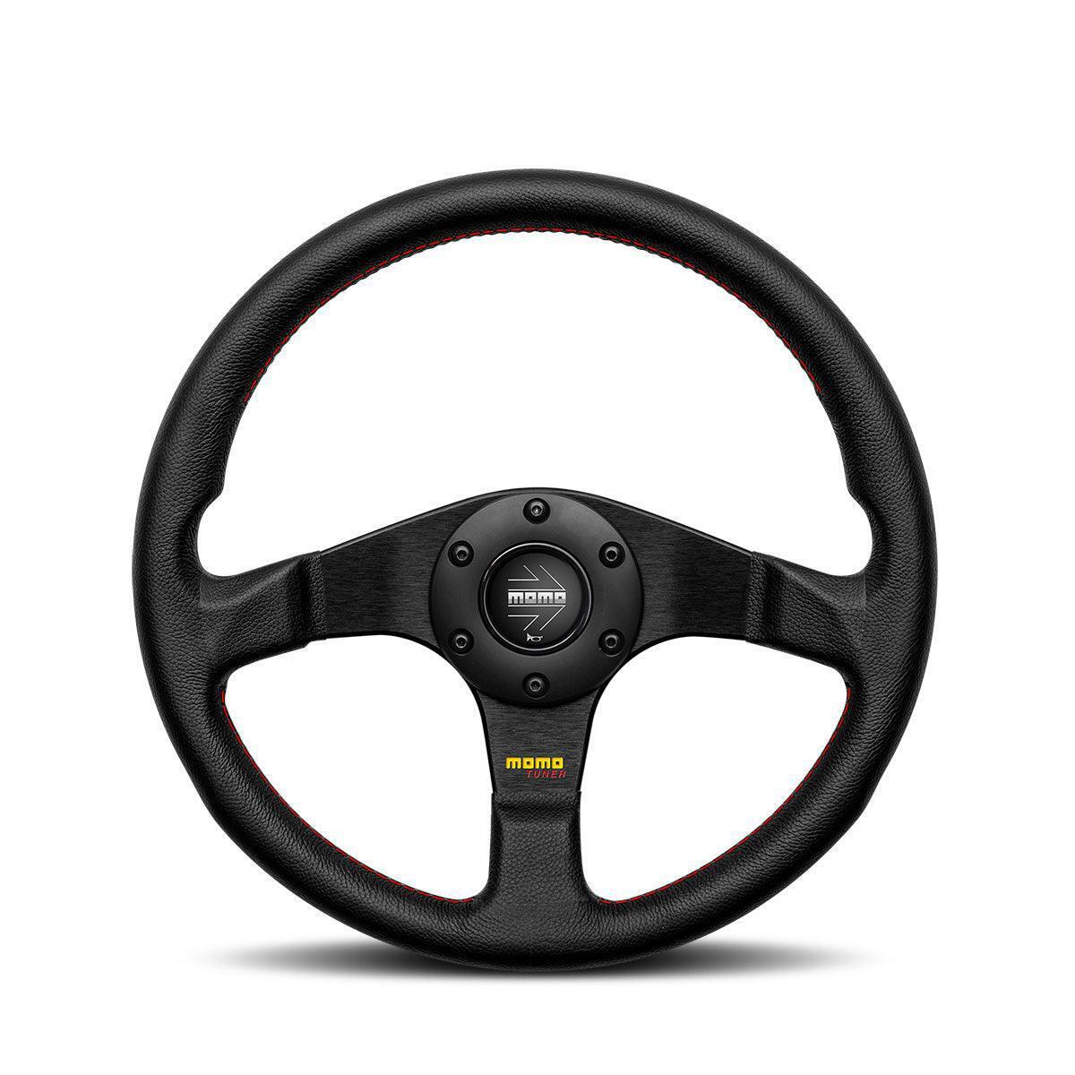MOMO Tuner 320mm Leather Steering Wheel with Black Spokes & Red Stitching