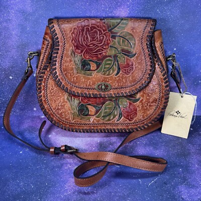 Patricia Nash Arezzo Painted Rose Tooled Leather Saddle Bag Gold Crossbody NWT