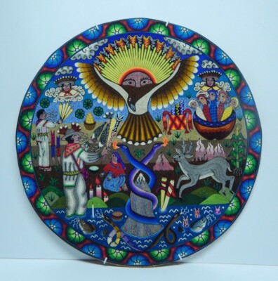 San Andres Mexico Colorful Thread Art - 23'' Wide -Mounted to Board