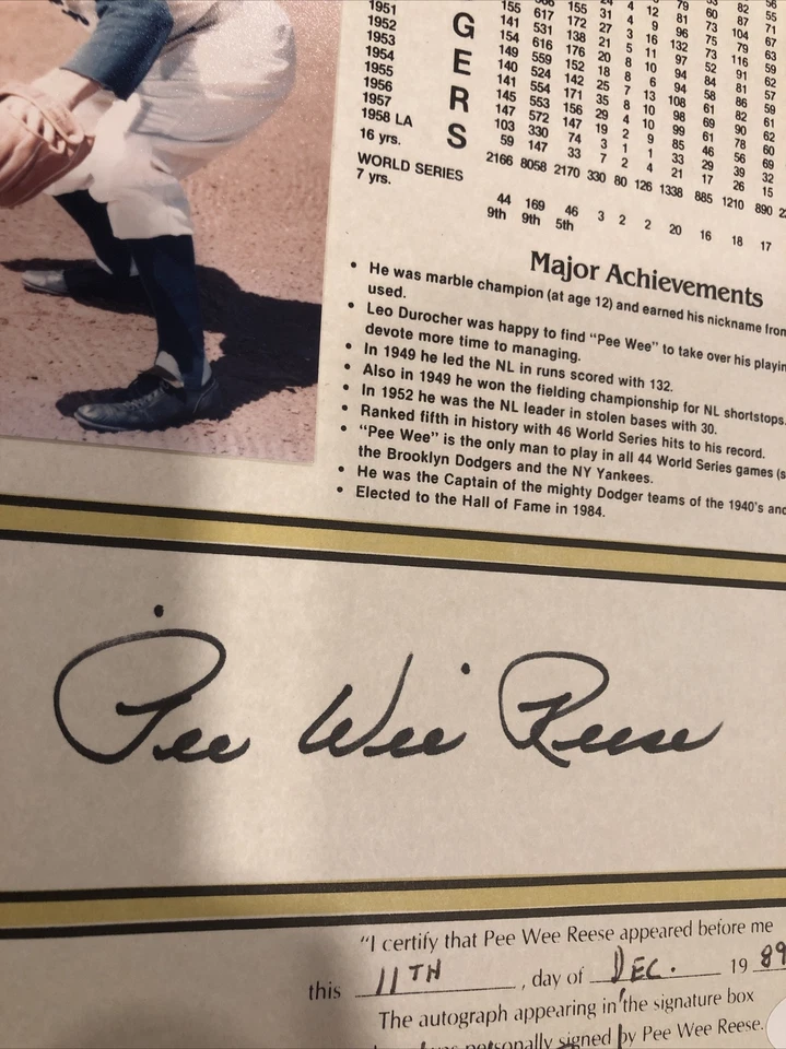 Pee Wee Reese Autographed 8x10 Stat Sheet HoF - JSA Pristine! Dodgers - Image 2 of 4