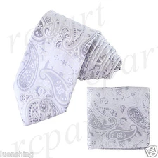New Men's Brand Q Microfiber Neck Tie Necktie & Hankie Set Paisley Ivory formal