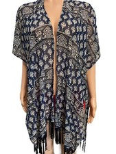 Y2K navy Aztec print fringed poly cover up cardigan jacket kimono peasant boho