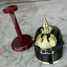 German WWI & WWII Leather Pickelhaube Bavarian World War Helmet W/Wooden Stand