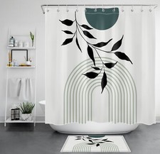 Boho Sun Black Leaf Mid Century Green Shower Curtain Set for Bathroom Decor