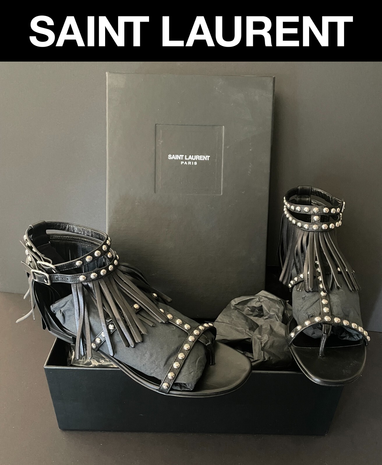 SAINT LAURENT BORCHIE SANDALI GLADIATORE NERO FRANGE SCARPE 36 5 US 6 5 NUOVE