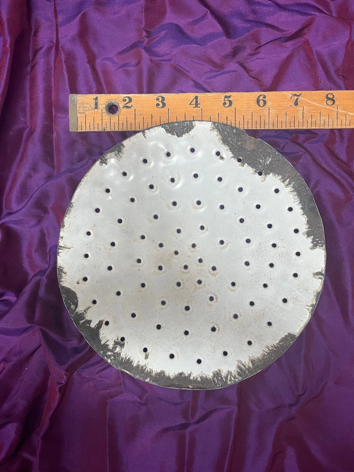 Antique Enamel Colander, Soap, Fruit, Barber, Anything Drainer. 8” Diameter.