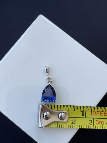 10k White Gold Synthetic Pear Shape Sapphire And Diamond Pendant - Picture 4 of 16
