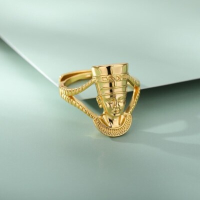 Punk Goddess Queen Nefertiti Ring, 18K Gold Egyptian Goddess Nefertiti Ring