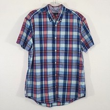 TOMMY HILFIGER Men's Plaid Short Sleeve Orange-Red/Blue Button-Up Shirt, size XL
